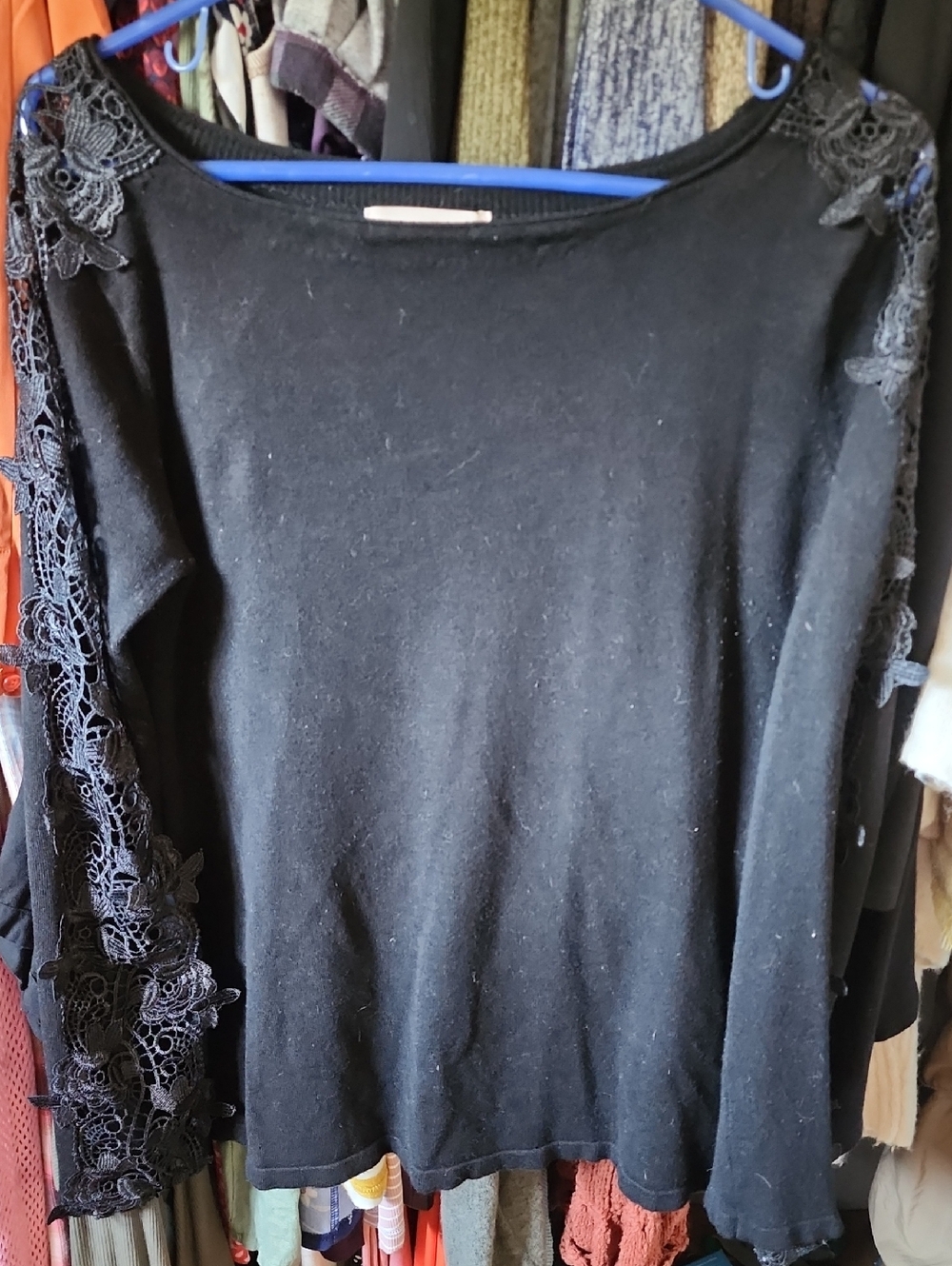 Philosophy Black Long Sleeve Top with Lace Trim Medium